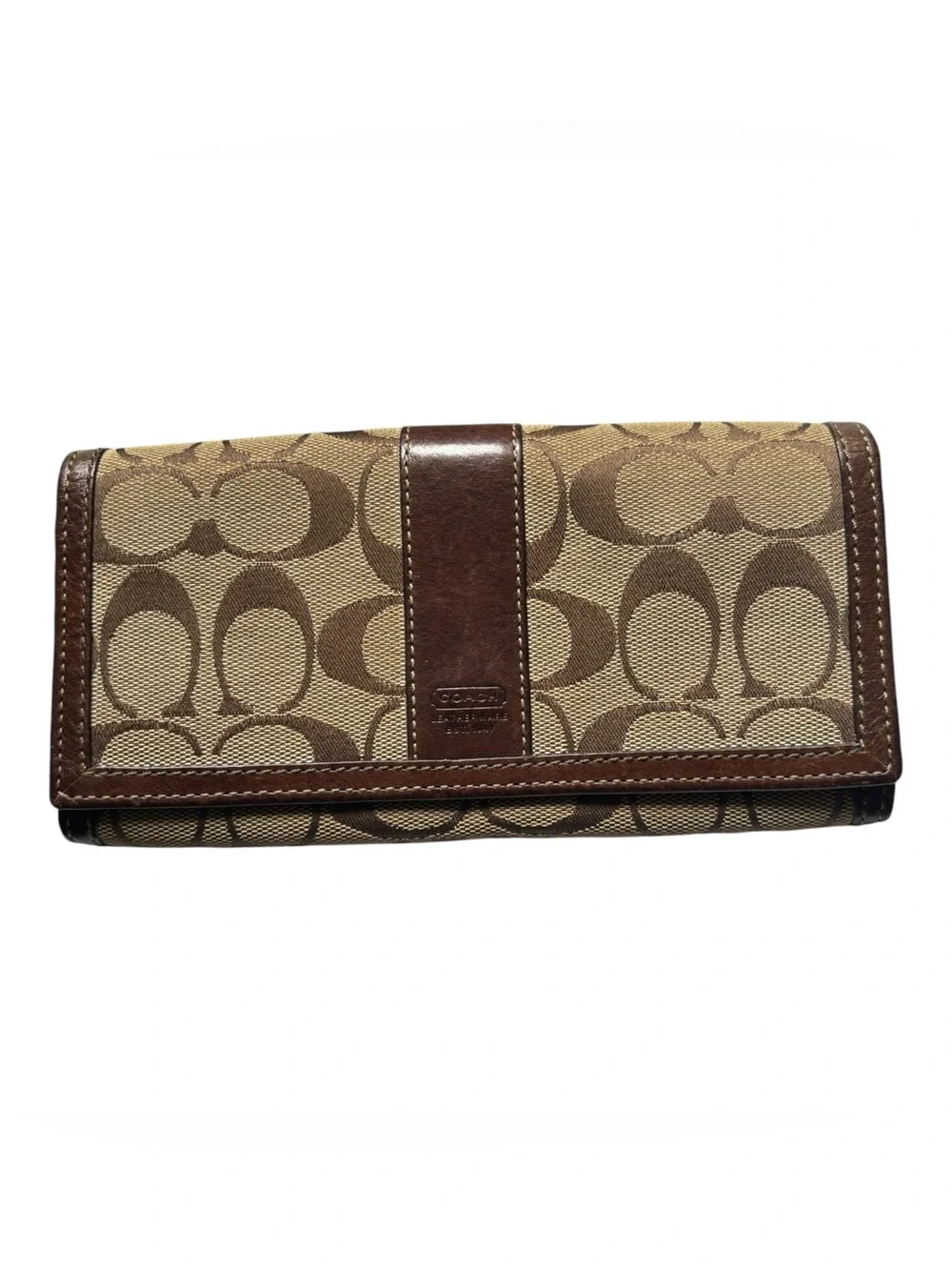 Authentic Coach Signature Stripe Continental Wallet Khaki Brown Canvas Leather